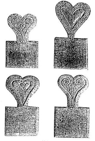 Sajátos szív alakú fából készült gyertyaminta-nyomó lapocskák 1891-ből Val d' Annivierből. (A. K. Fischer nyomán)