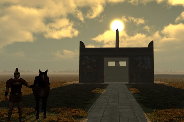 Virtuális kép, amelyen az obeliszk csúcsát éri a Nap. Előtte az oltár látható -  Indiana University Bloomington