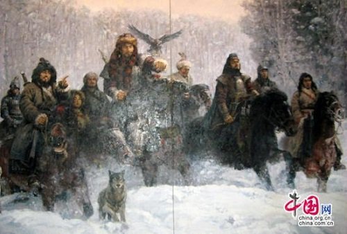 A hunok hétköznapjait bemutató kortárs művész által festett kép a pekingi kiállításon