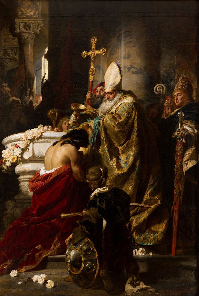 Benczúr Gyula: Vajk megkeresztelése, azt a verziót ábrázolja, amely szerint Istvánt Szent Adalbert keresztelte meg